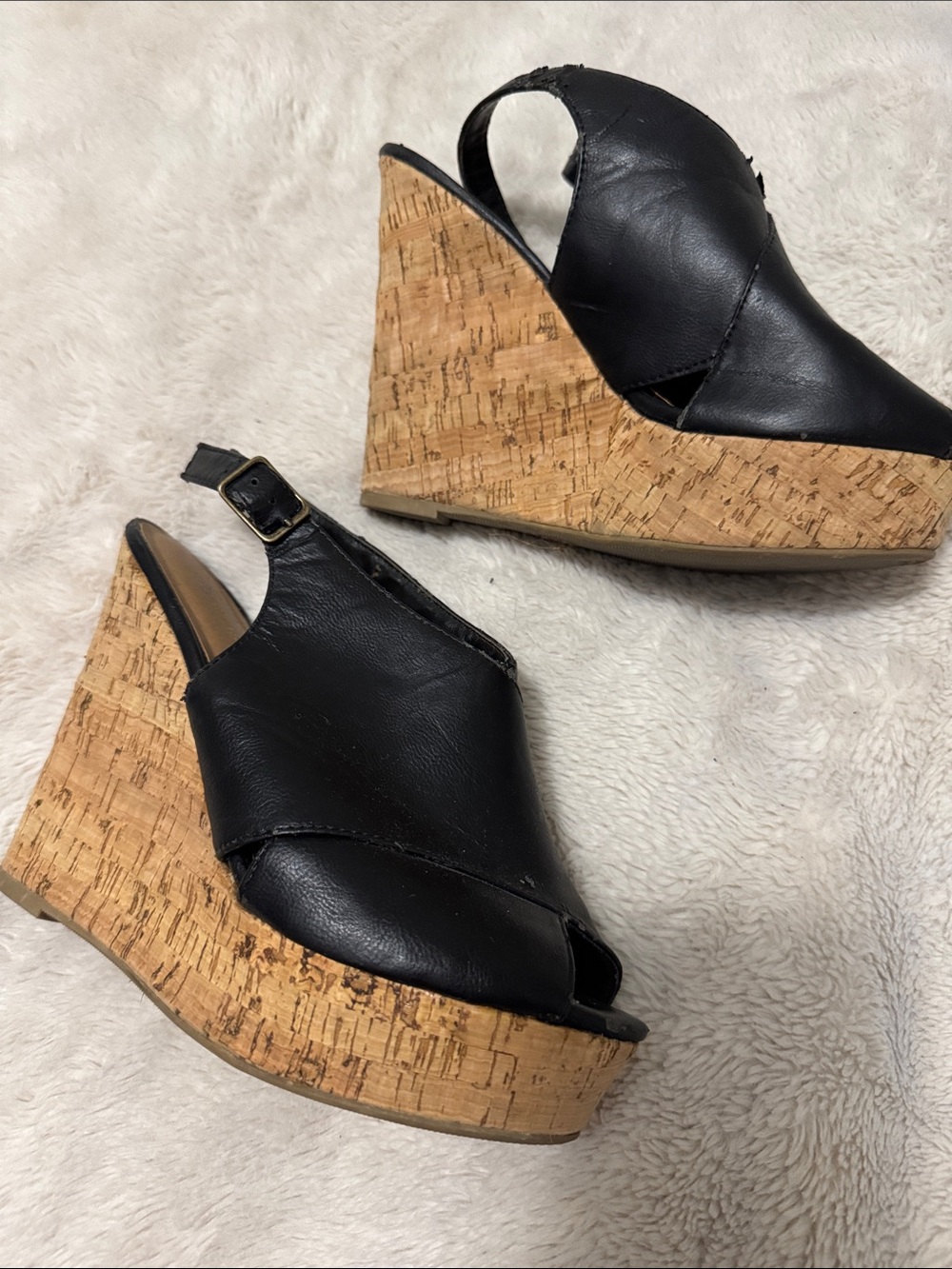 Cityclassified Black Cork Wedge Slingback Sandals | 8